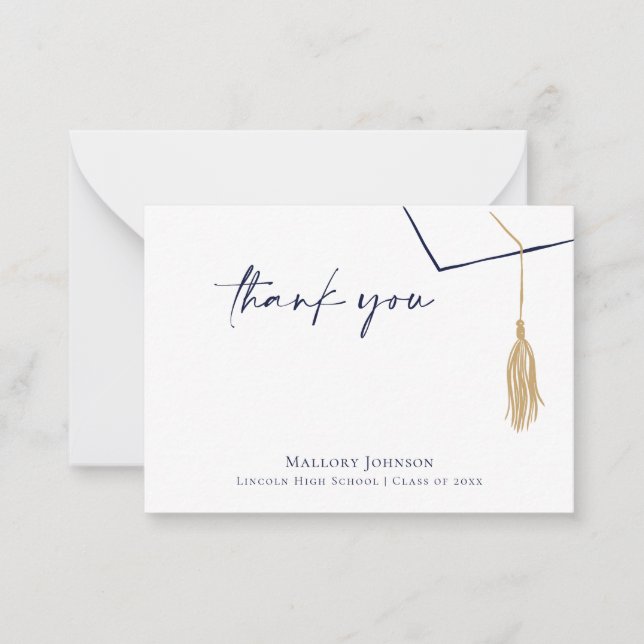 Modern Simple Grad Cap & Gold Tassel Thank You  Note Card (Front)