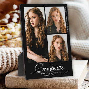 Modern Simple Graduate 3 Photo Collage Script Plaque