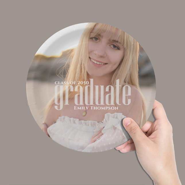 Modern Simple Graduation Photo Custom Plates (Sophisticated Class of 2026 party plate with portrait focus.)