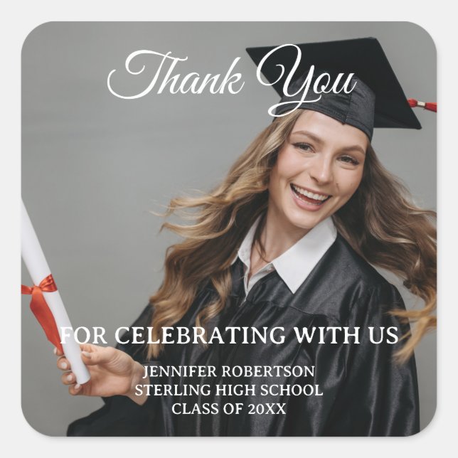 Modern Simple Graduation Thank You Custom Photo Square Sticker (Front)