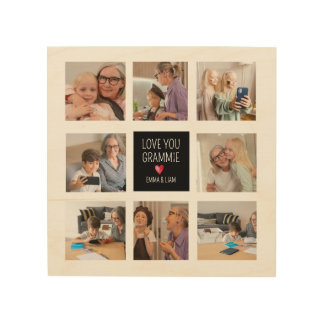 Modern Simple Grandma Heart 8 Photo Collage Custom Wood Wall Art