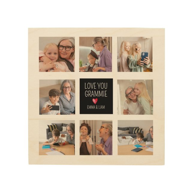Modern Simple Grandma Heart 8 Photo Collage Custom Wood Wall Art (Front)