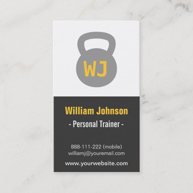 Modern Simple Gray Kettlebell Fitness Trainer Business Card (Front)
