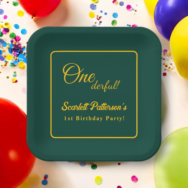 Modern Simple Green And Gold Elegant 1st Birthday Paper Plates (Creator Uploaded)