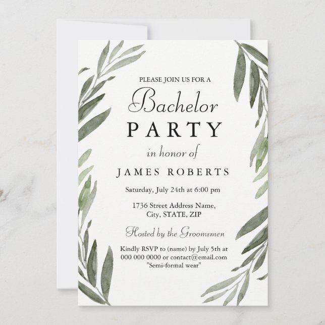 Modern Simple Green Leaf Bachelor Party Invite (Front)