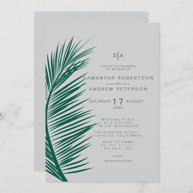 Modern simple grey palm leaf soft chic wedding invitation (Front/Back)
