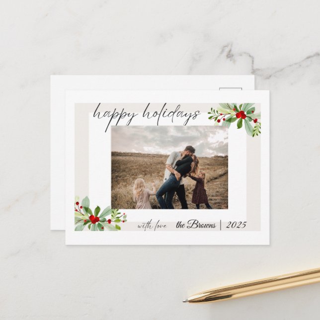 Modern Simple Happy Holidays Family Photo Card (Front/Back In Situ)