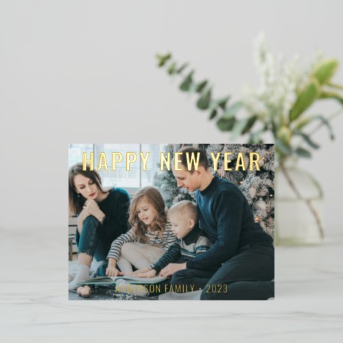 Modern Simple Happy New Year Family Photo Foil Holiday Postcard