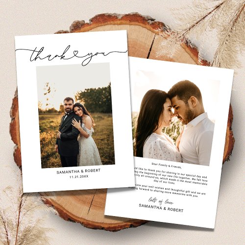 Modern Simple Heart Script Wedding Photo Thank You Card