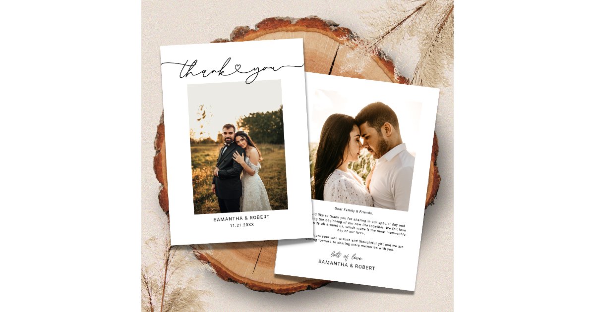 Modern Simple Heart Script Wedding Photo Thank You Card | Zazzle