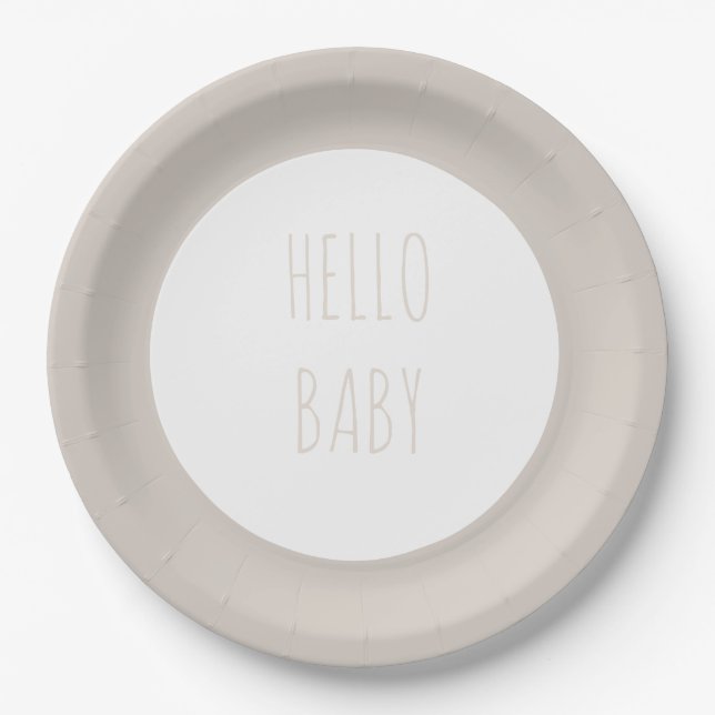 Modern Simple "Hello Baby" Neutral Circle Paper Plates (Front)