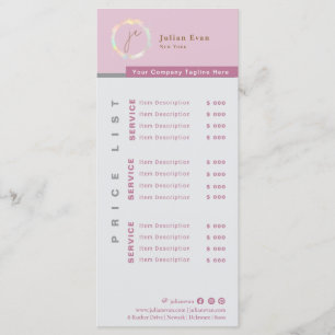 Modern Simple Holographic Monogram Pink Price List Menu