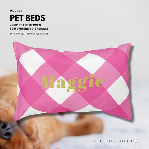 Modern Simple  Hot Pink and Gold Gingham Monogram Pet Bed
