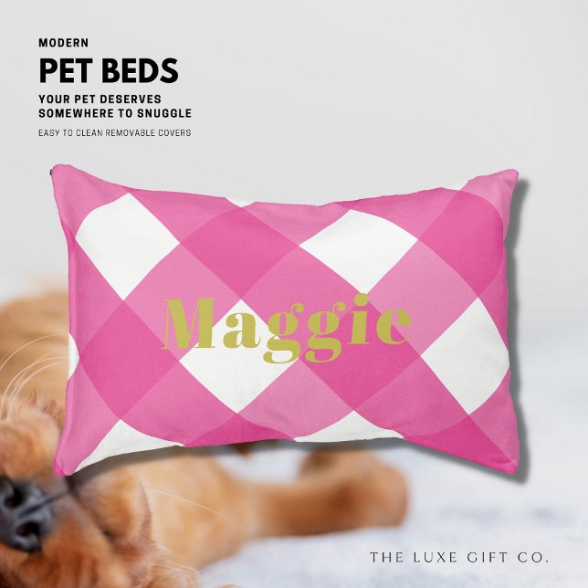 Modern Simple  Hot Pink and Gold Gingham Monogram Pet Bed (Creator Uploaded)