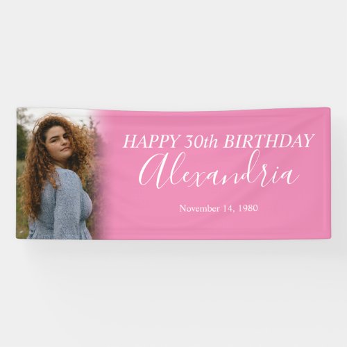 Modern Simple Hot Pink White Photo Birthday Party Banner