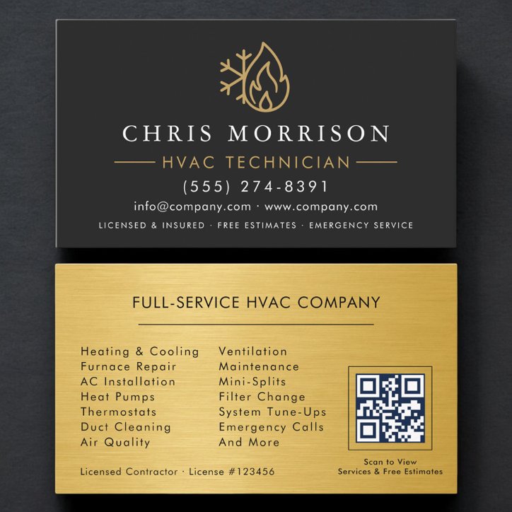 Modern Simple Hvac QR Code Black Gold Business Card