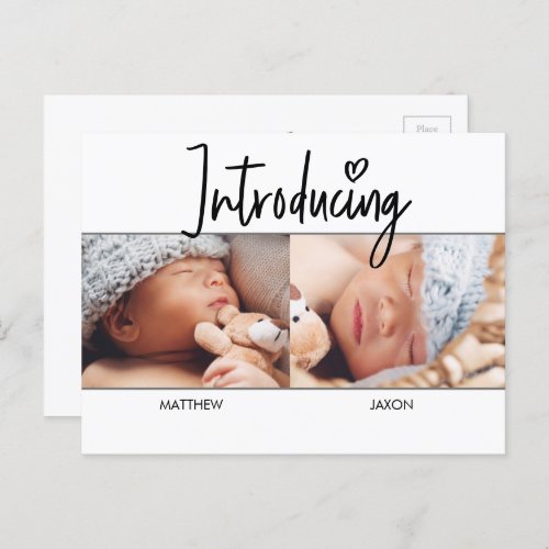 Modern Simple Introducing Script Twins boys photo  Announcement Postcard