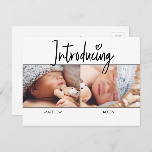 Modern Simple Introducing Script Twins boys photo  Announcement Postcard (Front/Back)