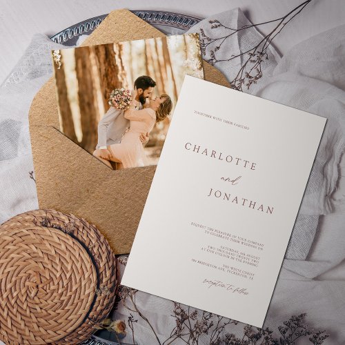 Modern Simple Ivory Taupe Photo Wedding Invitation
