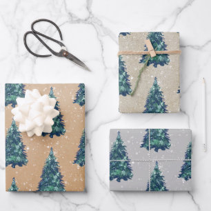 Modern Simple Kraft Snowy Green Christmas Trees Wrapping Paper Sheets
