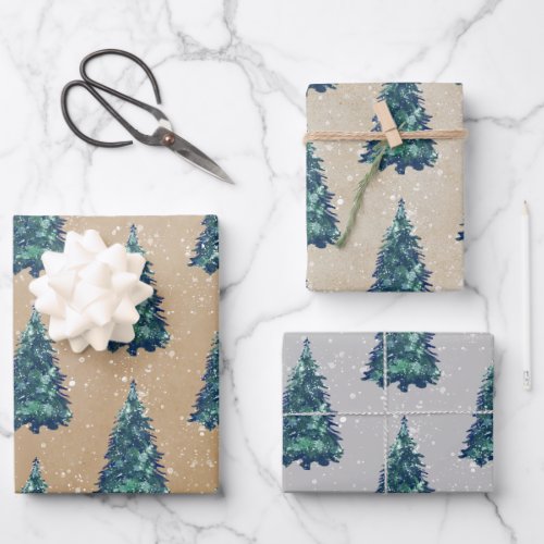 Modern Simple Kraft Snowy Green Christmas Trees Wrapping Paper Sheets