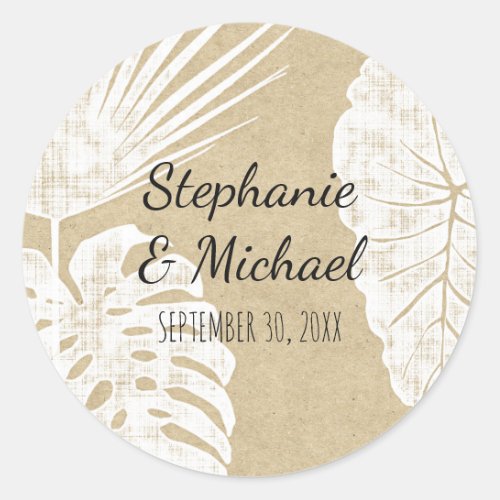 Modern Simple Kraft Tropical Leaf Beach Wedding Classic Round Sticker