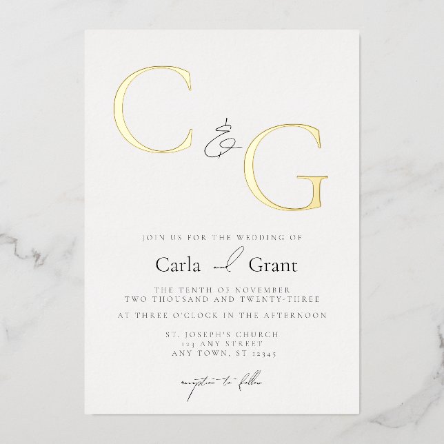Modern Simple Large Monogram Wedding Foil Invitation (Front)