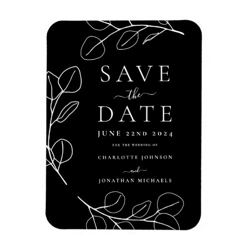 Modern Simple Leaf Black Wedding Save the Date Magnet