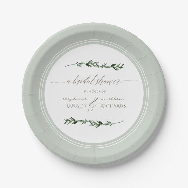 Modern Simple Leaf Foliage Greenery Bridal Shower Paper Plates (Front)
