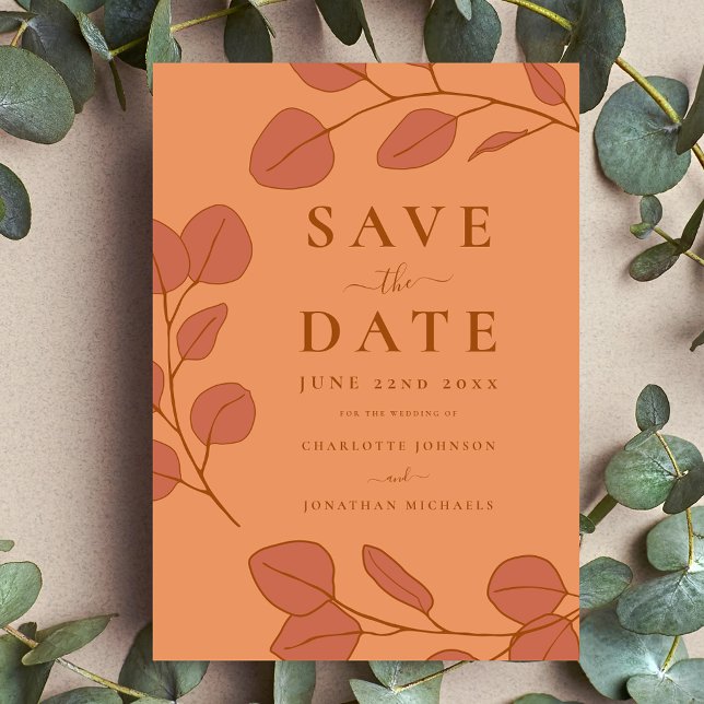 Modern Simple Leaf Orange Wedding Announcement Postcard (Minimalist eucalyptus leaf stylish orange peach wedding save the date invitation postcard )