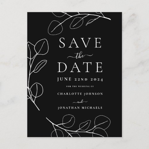 Modern Simple Leaves Black and White Wedding Announcement Postcard