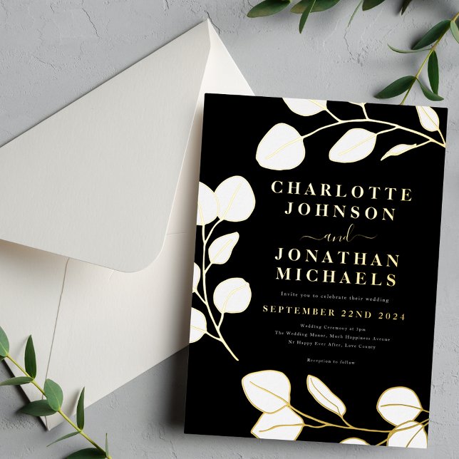 Modern Simple Leaves Black White Gold Foil Invitation (Minimalist leaf stylish modern black and white gold foil wedding invitation )