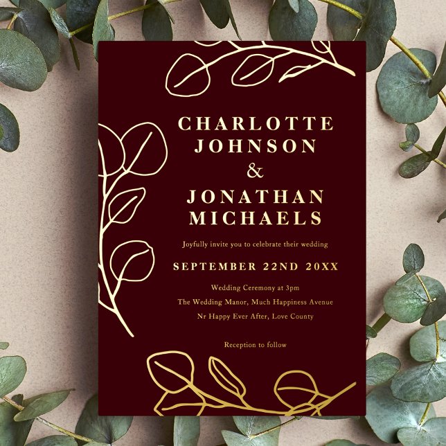 Modern Simple Leaves Burgundy and Gold Foil Invitation (Elegant Simple eucalyptus leave line art burgundy and gold foil invitation)