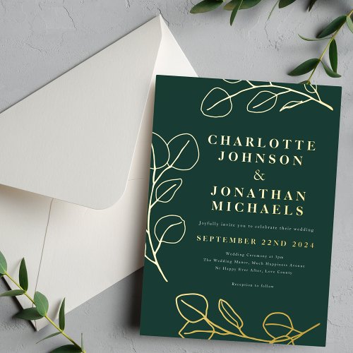 Modern Simple Leaves Green and Gold Foil Invitation