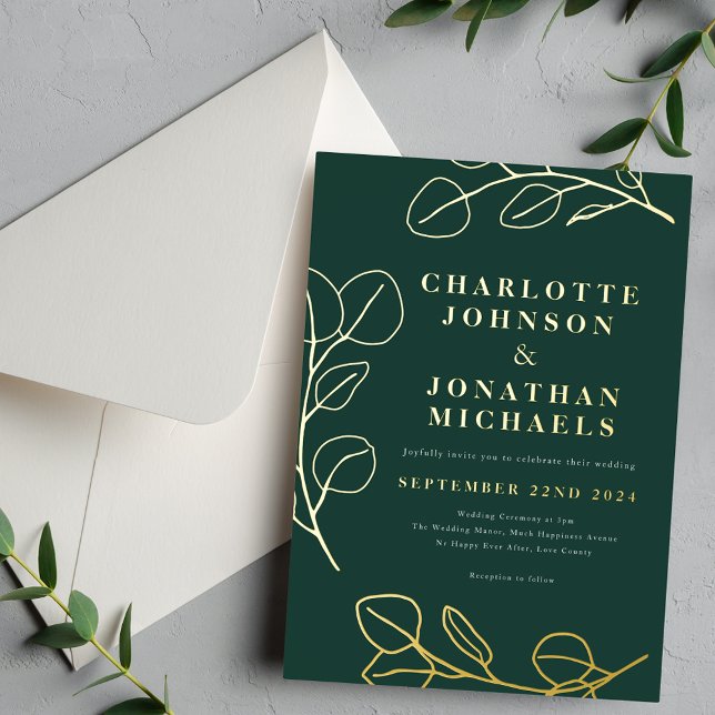 Modern Simple Leaves Green and Gold Foil Invitation (Minimalist leaves modern stylish dark green gold foil wedding invitation )