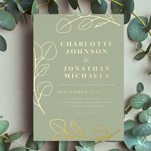 Modern Simple Leaves Sage Green and Gold Foil Invitation (Minimalist leaves Stylish sage green and gold foil wedding invitation )