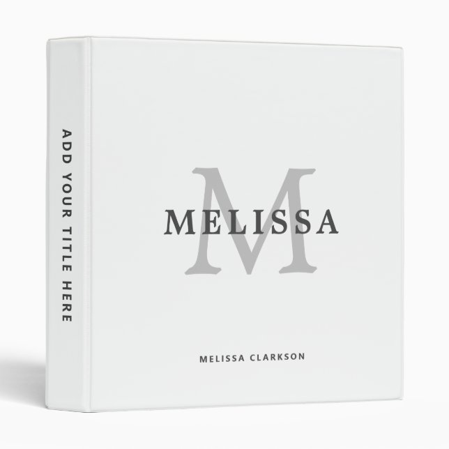 Modern Simple Light Gray Monogram Name  3 Ring Binder (Front/Spine)