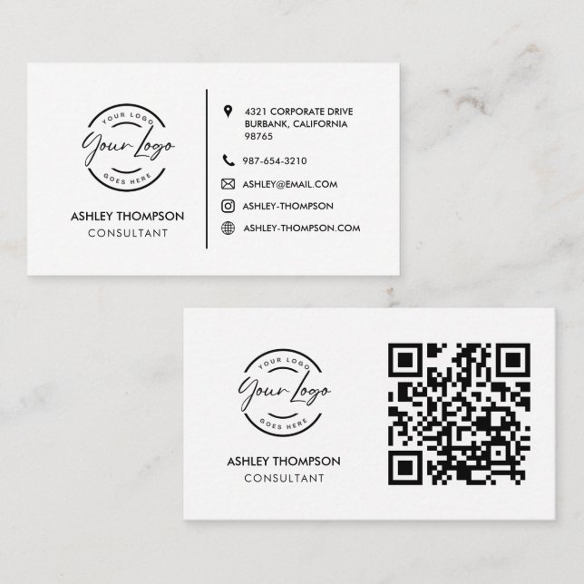 Modern Simple Logo Social Icon QR Code Black White Business Card (Front/Back)