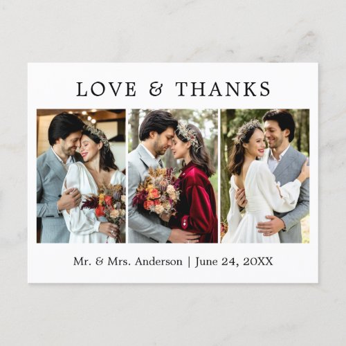 Modern Simple Love and Thanks Wedding 3 Photo Postcard