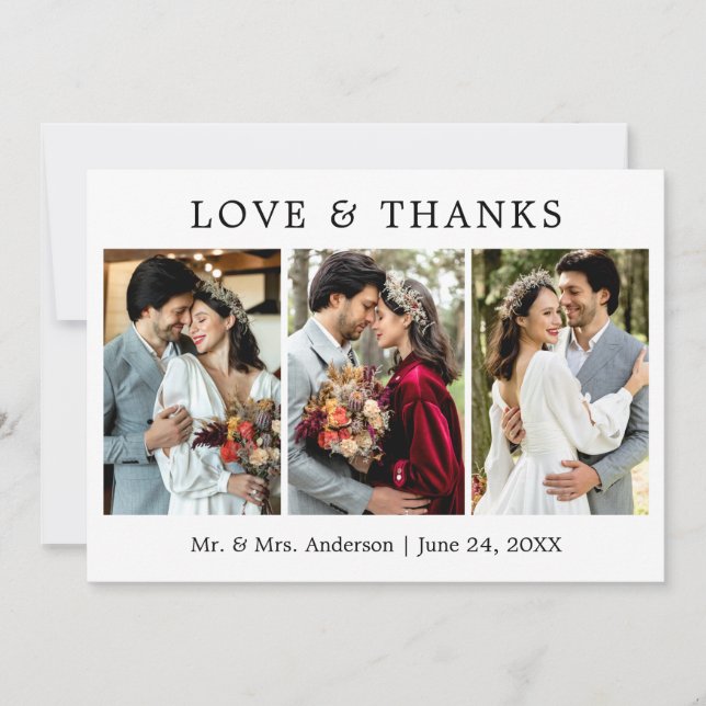 Modern Simple Love and Thanks Wedding 3 Photo Thank You Card (Front)