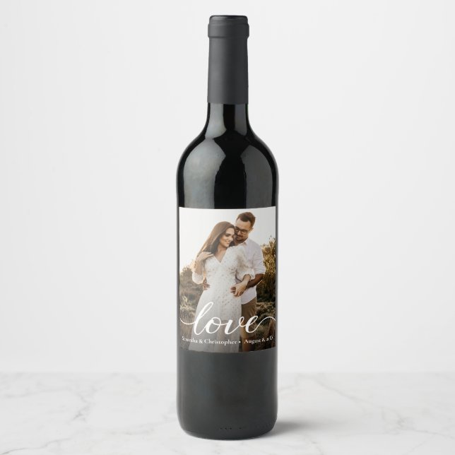 Modern Simple Love Script Wedding Photo Favor Wine Label (Front)