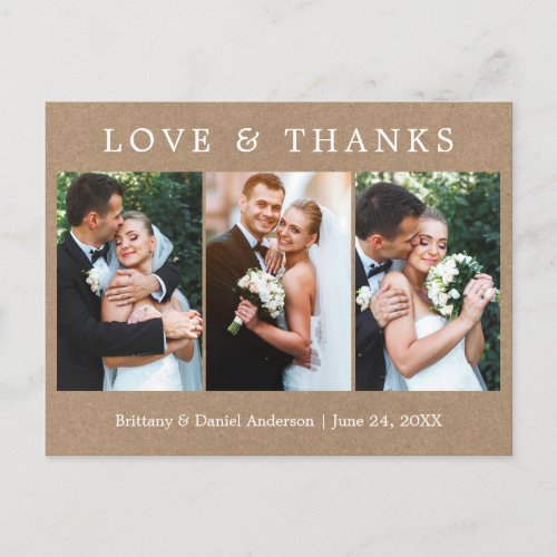 Modern Simple Love Thanks 3 Photo Wedding Kraft Postcard