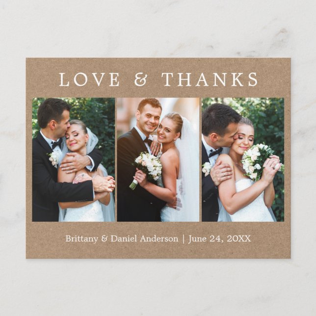 Modern Simple Love Thanks 3 Photo Wedding Kraft Postcard (Front)