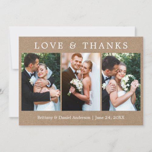 Modern Simple Love Thanks 3 Photo Wedding Kraft Thank You Card
