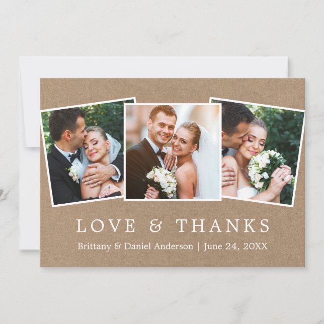 Modern Simple Love Thanks 3 Photo Wedding Kraft Thank You Card (Front)