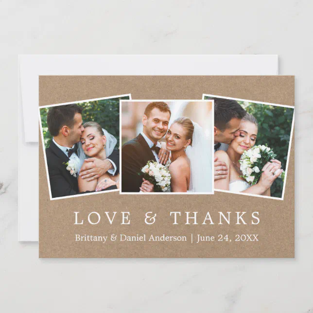 Modern Simple Love Thanks 3 Photo Wedding Kraft Thank You Card | Zazzle