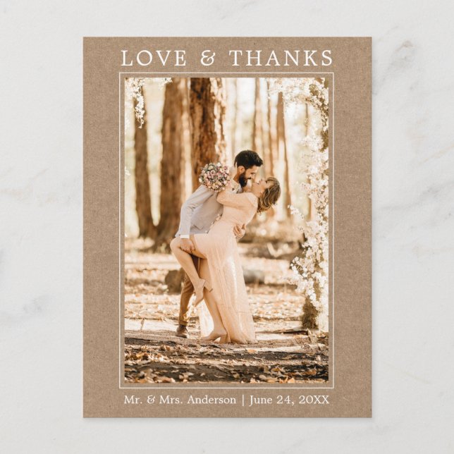 Modern Simple Love Thanks Photo Wedding Kraft Postcard (Front)