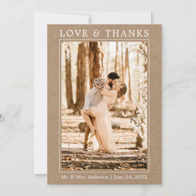 Modern Simple Love Thanks Wedding Photo Kraft Thank You Card | Zazzle