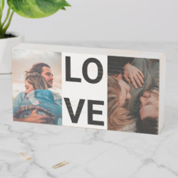 Modern simple love typography 2 photo grid collage wooden box sign