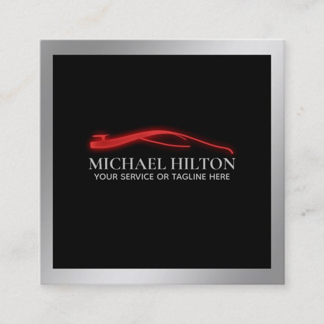 Modern simple luxury powerful car outline silver square business card (Front)